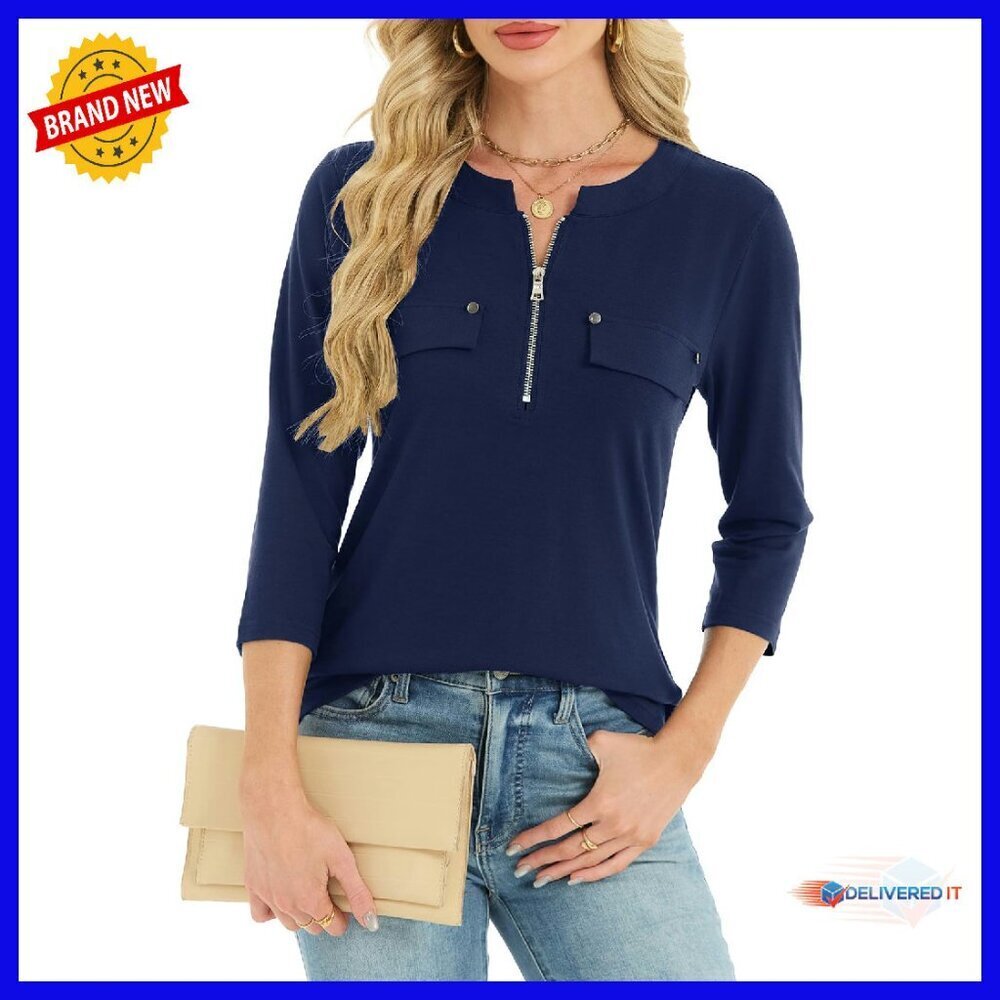 Women's 3/4 Sleeve V-Neck Tunic Zipper Top Business Casual Blouse